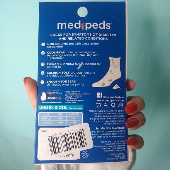 MediPeds Diabetic Full Cushion Quarter, Medium, White 2 Pair womens - Picture 2 of 5